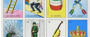 Mexican Lotería cards laid out in a grid, including La Escalera, El Borracho, El Barril, Las Jaras, the spider, the soldier, the cello, and the crown.